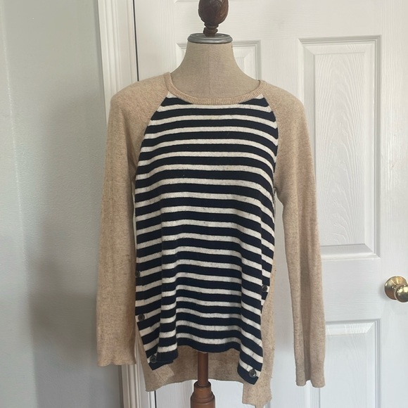 J Crew striped button flap wool pullover sweater elbow patches tan womens size M - Picture 1 of 13